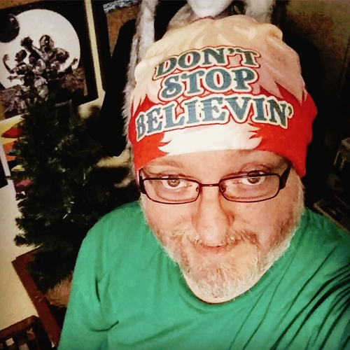 Me wearing my Don't Stop Believin' hat that I designed and printed.