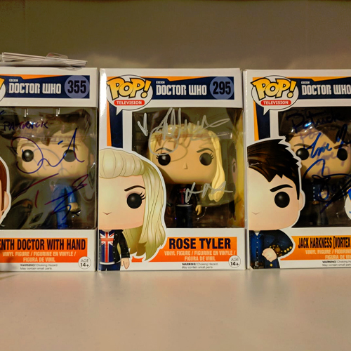 A few of my autographed Funko Pop vinyl collection (David Tennant, Billie Piper, and John Barrowman)